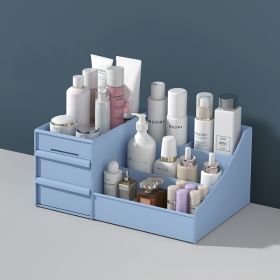 Makeup Organizer For Vanity Large Capacity Desk Storage With Drawers Plastic Holder For Cosmetics (Color: Blue)