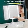 Rechargeable Foldable Makeup Mirror With LED Light 360Â° Adjust Wireless 1-3X Magnifying 3 Tone Light Desktop Vanity Table Mirror